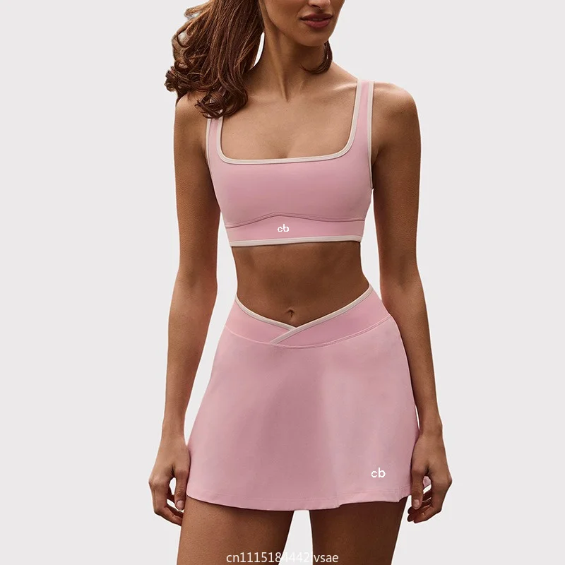 Women 2Pcs Yoga Tennis Skirt Set Halter Shockproof Padded Bra Elastic Sandblasted Safety Skirt Gym Fitness Workout Outfit
