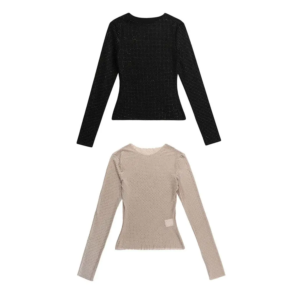 European And American Style O-neck Long Sleeve Tops Slim Glitter Short Tops hotfix rhinestone Perspective Women Tees Autumn