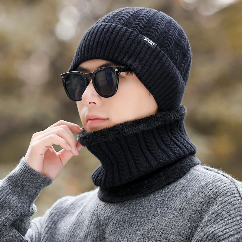 Winter Solid Color Cloth Label Sports Knitted Hat Men Simple Outdoor Warm Ear Protection Scarf Wool Hat Two Piece Set Soft