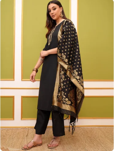 

Indian Women's Embroidered Cotton Blend Three Piece Set With Seven Quarter Sleeves