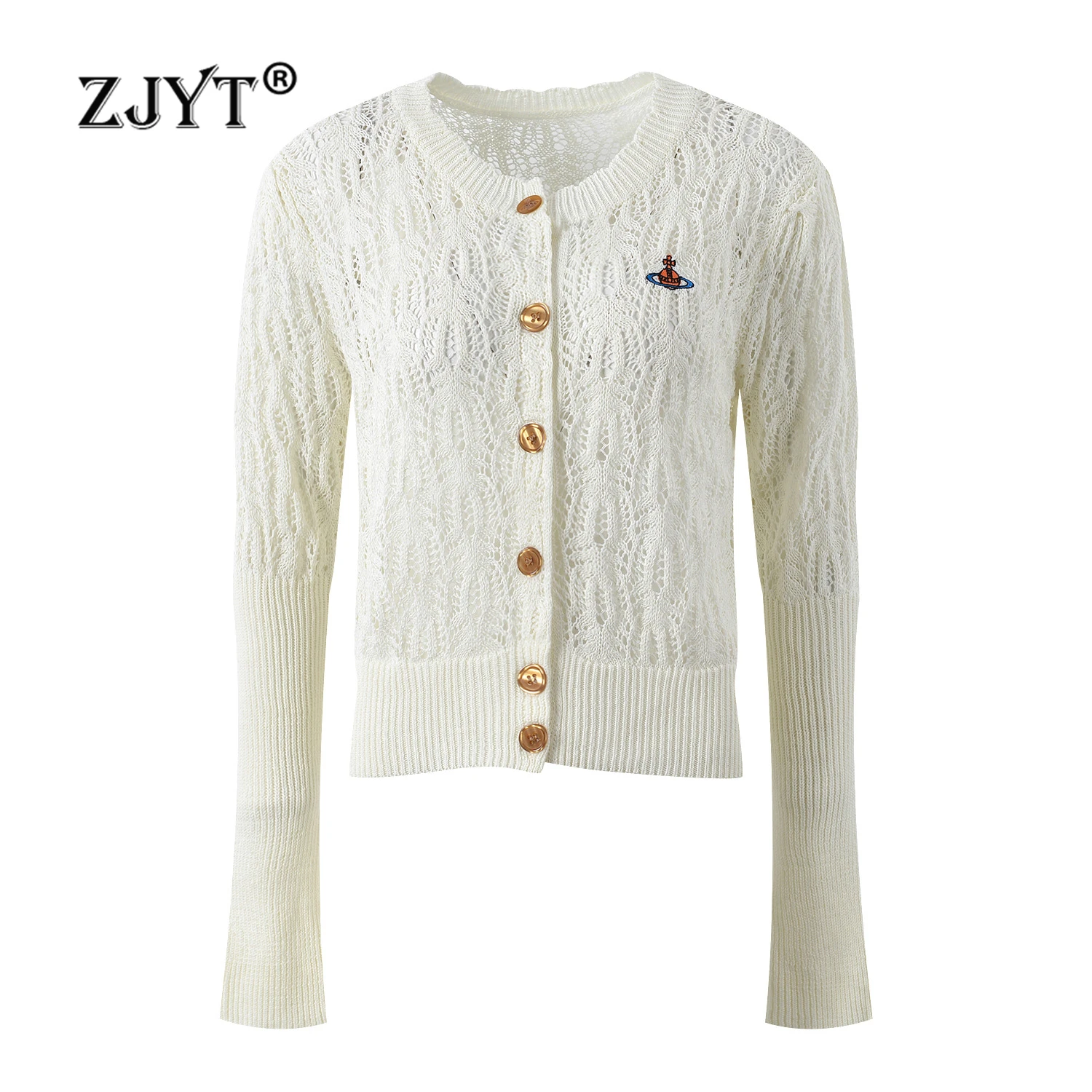 ZJYT Women\'s Autumn Winter Cardigan Sweaters Long Sleeve Knitting Tops O Neck Hollow Out Knitwears Jersey Mujer 2024 New Fashion