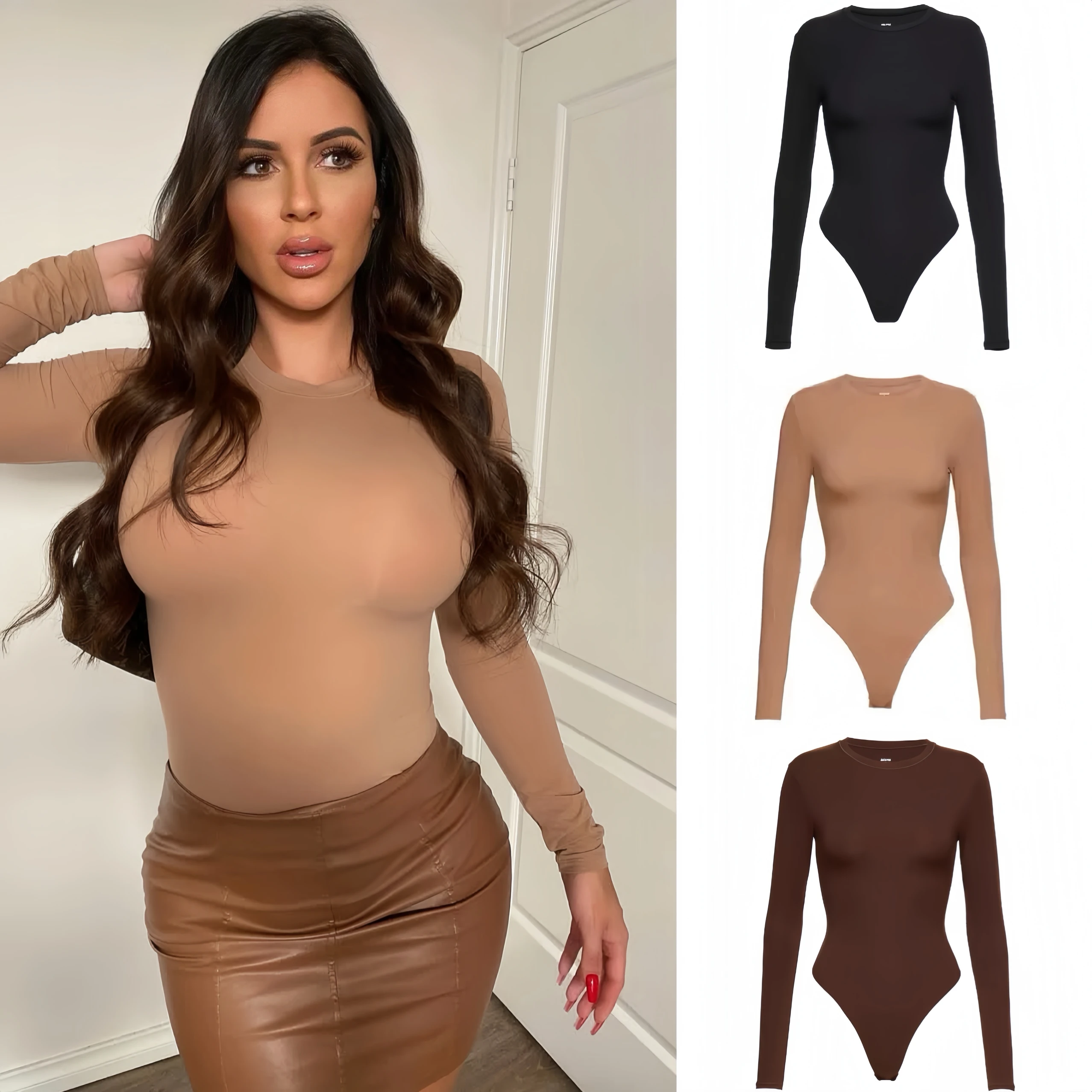 

Женский облегающий топ-боди Kardaian Jennie Long Sleeve T-shirt Onesie для коррекции фигуры, базовый слой для повседневной носки