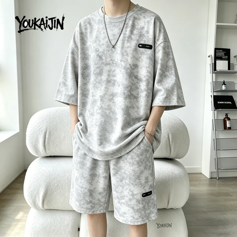 7XL 8XL Tie Dye T Shirt and Shorts Set Men White Casual Streetwear Co Ord Set Men Summer Loose Sportswear 2 Piece Outfit Men - Image 3