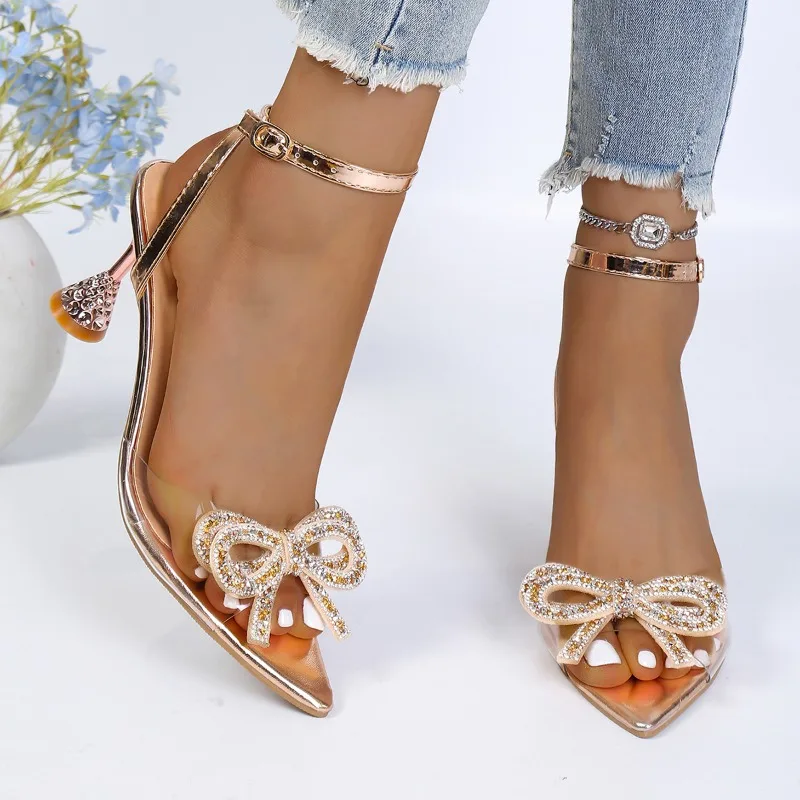 Luxury Crystals Bow High Heeled Sandals Women Transparent PVC Ankle Strap Buckle Brand Designer Shoe Fashion Banquet Dress Shoes view 4