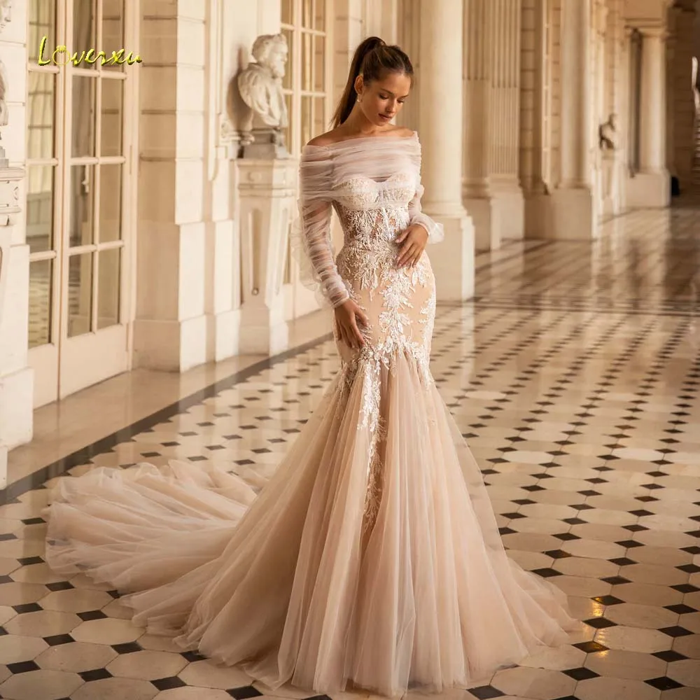 Loverxu Mermaid Elegant Wedding Dresses Boat Neck Long Sleeve Vestido De Novia Glamorous Appliques Custom Made Bridal Gown