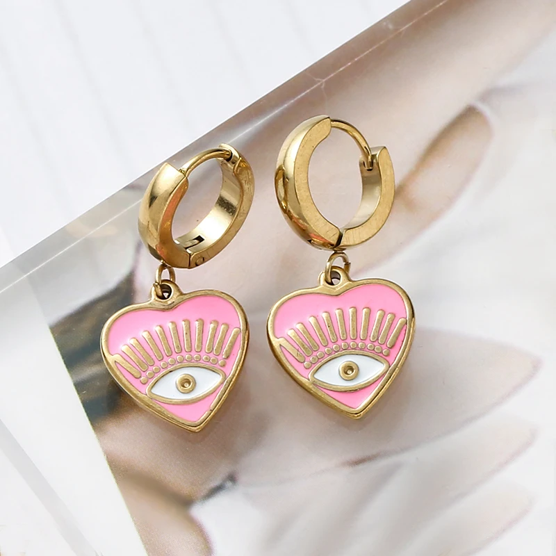 Evil Eye Earrings Bohemian Colorful Heart Enamel Hoop Earrings Stainless Steel Earrings for Women Huggie Jewelry Trend 2022