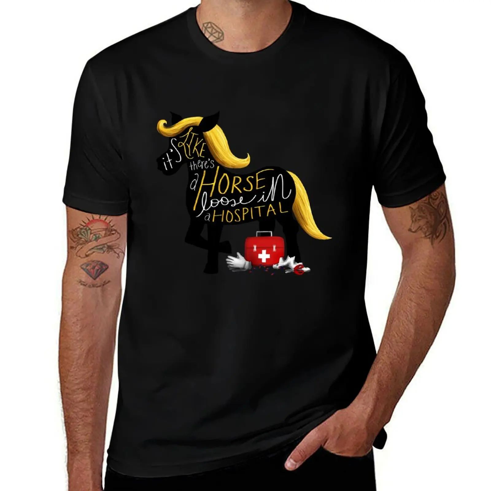 Camiseta de caballo en un Hospital, camisetas de algodón para hombre, camiseta 100% para hombre, camiseta informal para hombre, Camiseta de algodón pesado