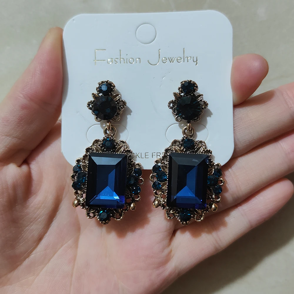 Victorian Costume Jewelry Wholesale Vintage Gold Color Metal Dark Blue Rhinestone Crystal Statement Dangle Earrings for Women