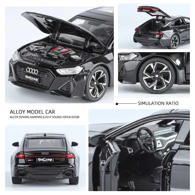 1:32 Audi RS7 Sportback modelo coches de juguete aleación Diecast 6 puertas abiertas con neumáticos de goma extraíble ornamento vehículo juguetes regalos