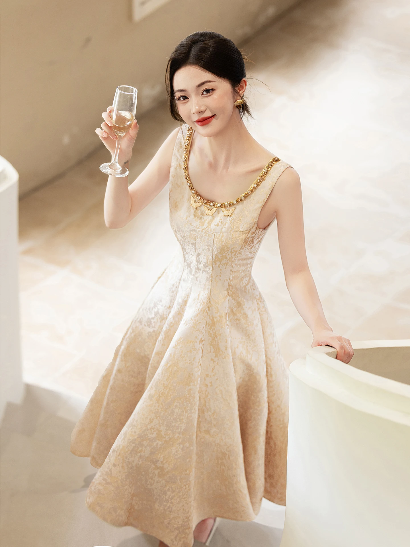 

Платье для девичника цвета шампань, женское, роскошное, для церемонии возвращения домой, для ведущей, для помолвки, вечернее, с юбкой-принцесса, летнее