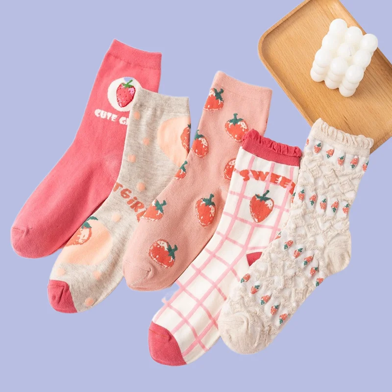 

3/6 Pairs Women's Mid-Tube Autumn and Winter Women's Socks Cotton Socks Cute Japanese Sweet Student Socks Pink Strawberry Socks