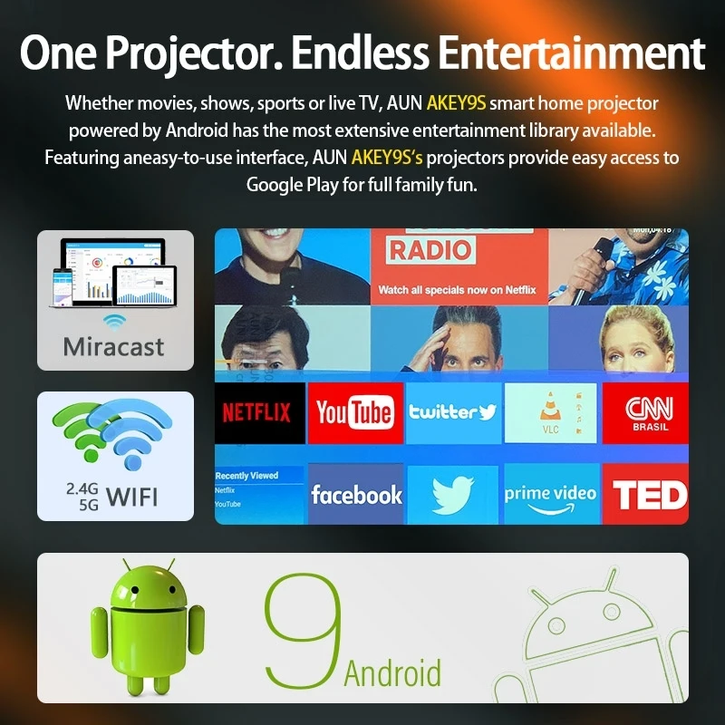 AUN-proyector inteligente AKEY9 para cine en casa, dispositivo con Android, varios idiomas, 1920x1080, 6000 lúmenes