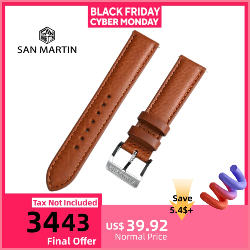 

San Martin 20mm Quick Release Vegetable Tanned Cowhide Leather Watch Strap General Type Natural Litchi Pattern BD0013