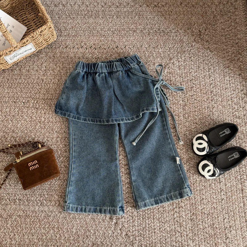 Pants Girls Korean Style Atmosphere Tied Skirt Jeans for Baby Girls 2026 New Stylish Denim Skirt Wide Leg Pants
