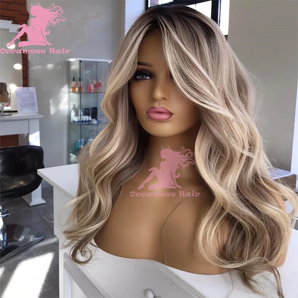 Highlights asch blonde volle Spitze Perücke natürliche gewellte brasilia nische Remy Echthaar Perücke leimlose Spitze Frontal Perücke 13x6 transparente Schweizer