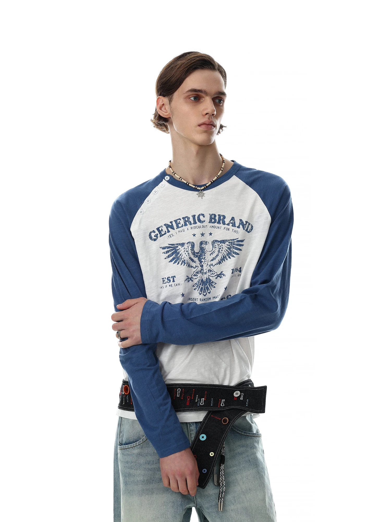 MRNEARLY American Retro Street Style Color Block Print Long Sleeve T-Shirt Loose Shoulder Insert Design for Men And Women