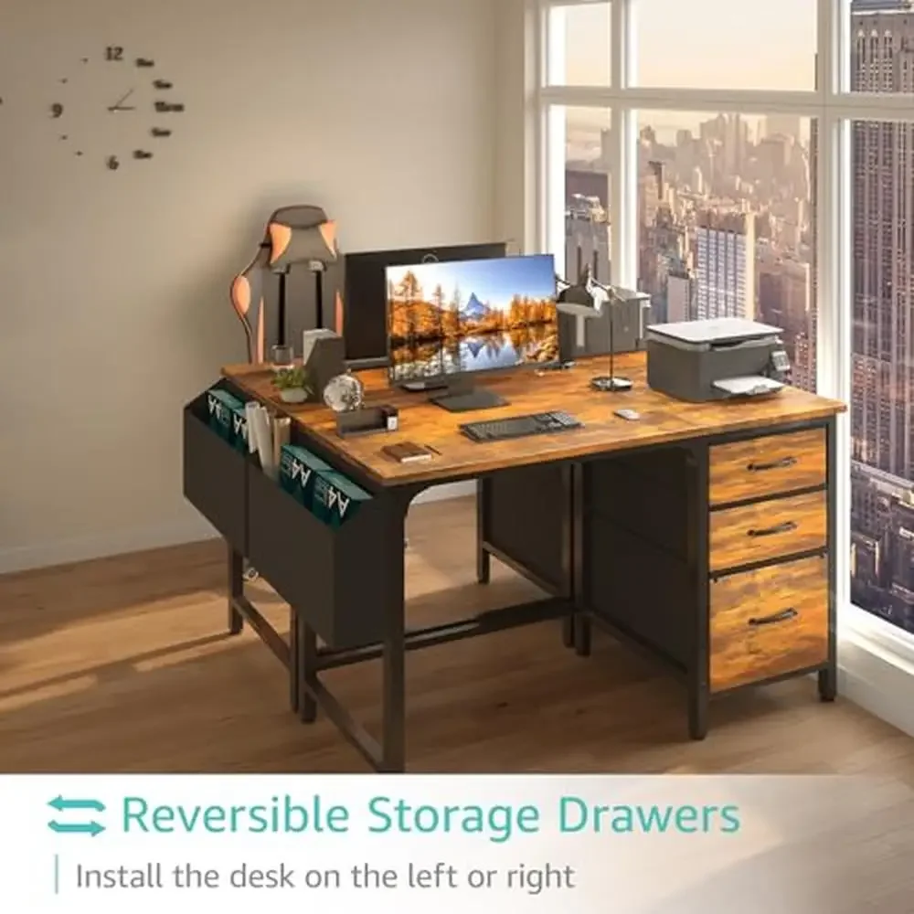 Vintage Style Computer Desk with Filing Cabinet Rustic Home Office Desk Study Writing PC Spacious Workstation Sturdy Steel Frame