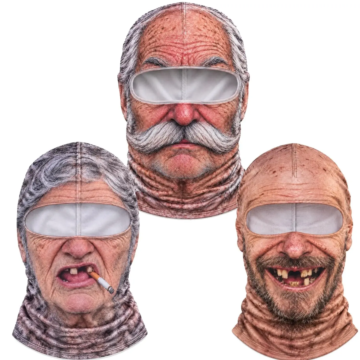 1/3Pcs Old Man Ski Mask,Funny Realistic Face Printed Balaclava,Stretch Cosplay Headgear for Halloween,Costume Parties & Pranks