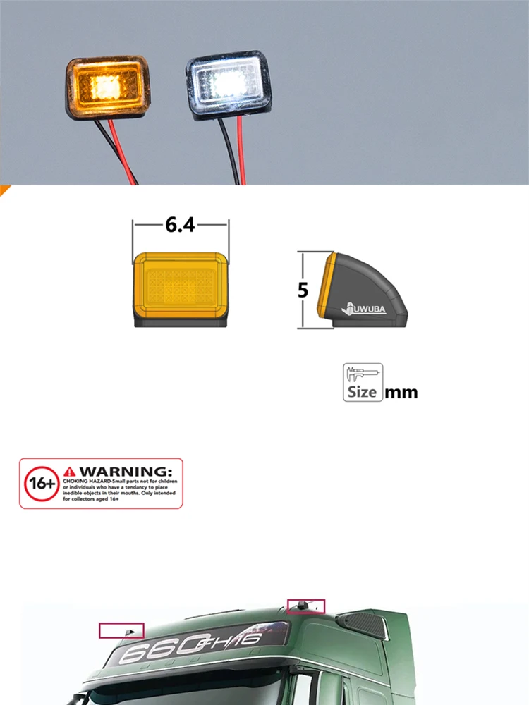 

Радиоуправляемая модель 2 шт. Игрушечный грузовик Светодиодный позиционный светильник Боковой фонарь кабины для Tamiya масштаба 1:14 RC Трактор Грузовик 770S FH16 Аксессуары Запчасти DIY