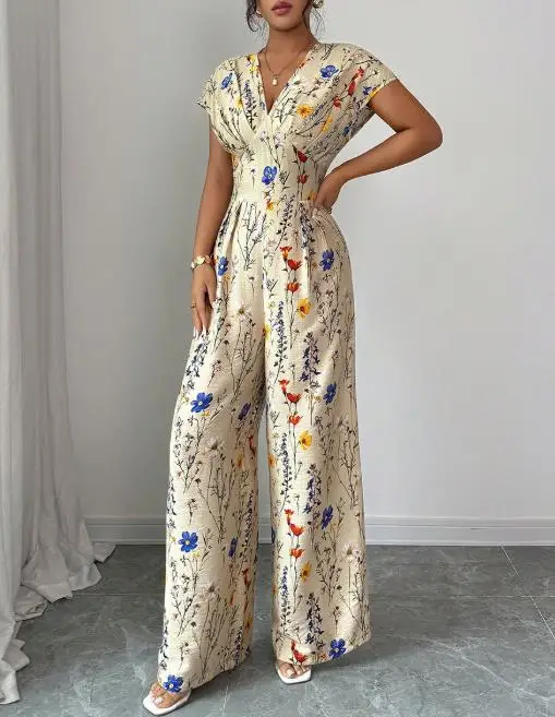 Jumpsuit Wanita Cetak Motif Terbaru Musim Gugur 2025, Lengan Pendek, Pinggang Terikat, Celana Kaki Lebar