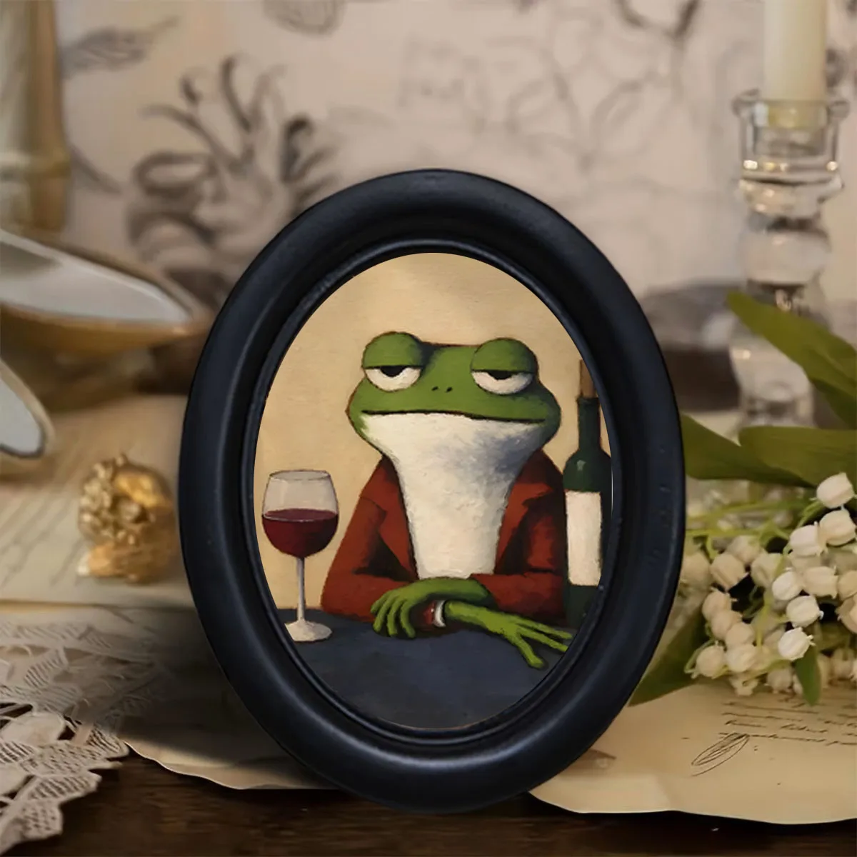 1 Piece of Vintage Frog Drinking Red Wine Black Oval Frame Wall Art, Wall Decoration with the Element of a Proud Gentleman Frog and Wine Glass, Fun Wall Hanging for Bars and Restaurants, Gift for Frog Enthusiasts