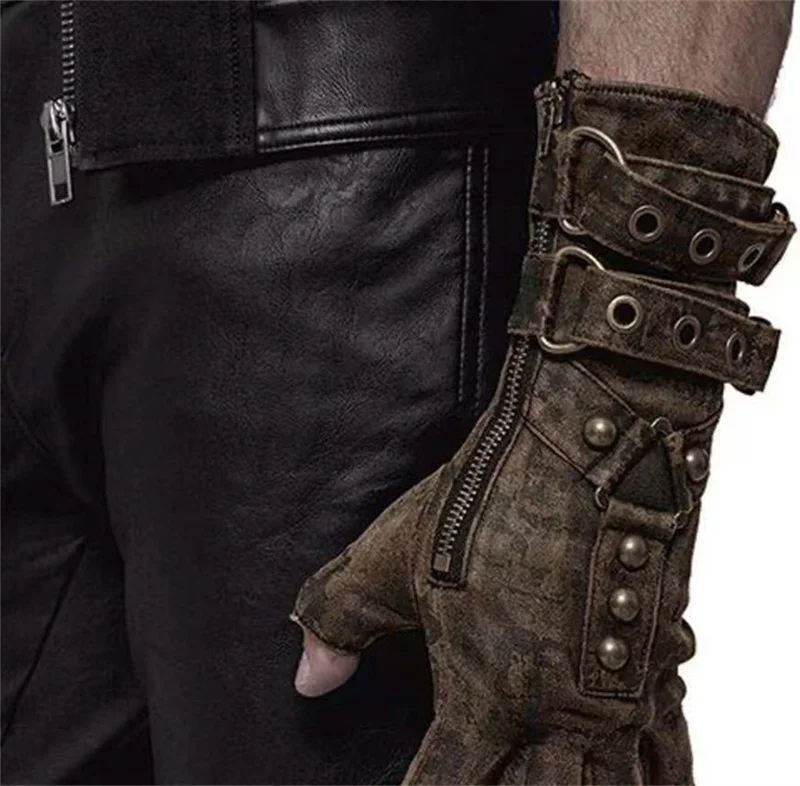 2021 Medieval Men Cosplay Retro Gloves Steampunk Men Arm Guard Rivet Gloves Belt Buckle Adjustable Halloween Accessories