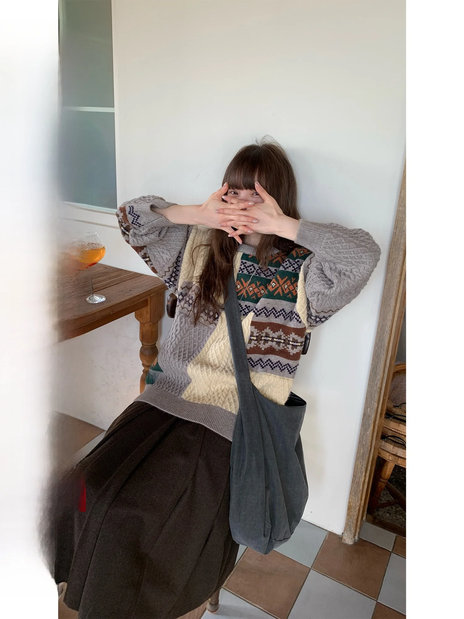 

Rainy Design Sense Color Blo Sweater round Ne Pullover Knitted Sweater Autumn Winter Women's Vintage Twist Sweet Sle