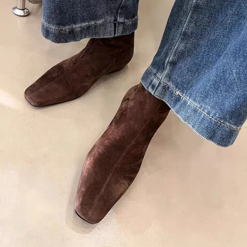 Autumn and Winter Retro Brown Ankle Boots Women Suede Warm Short Boots 2025 Trend Square Toe Low Heels Snow Boots Mujer Zapatos