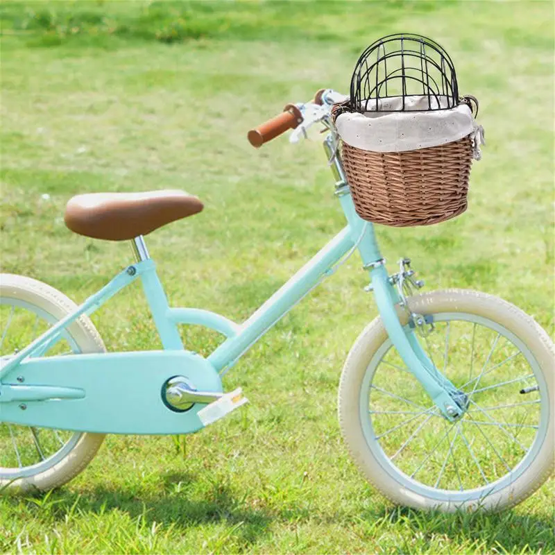 Bicycle Front Handlebar Basket Handwoven Wicker Pet Cat Dog Carrier with Cover Bike Basket Front Pannier Bag Cycling with pets