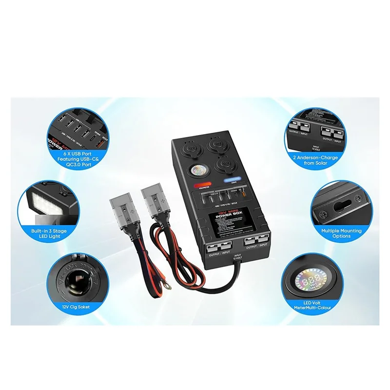 

BNVN-2 X Anderson 6 X USB 3 X Cig Sockets Mini Power Distribution Box 12V DC 15A Max 50A With Mini Battery