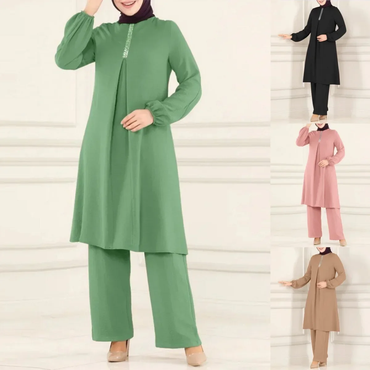 

Muslim Fashion two-piece set women Spring and Autumn New Solid Color Elegant Long-sleeved Shirt Loose Wide-leg Pants Sets