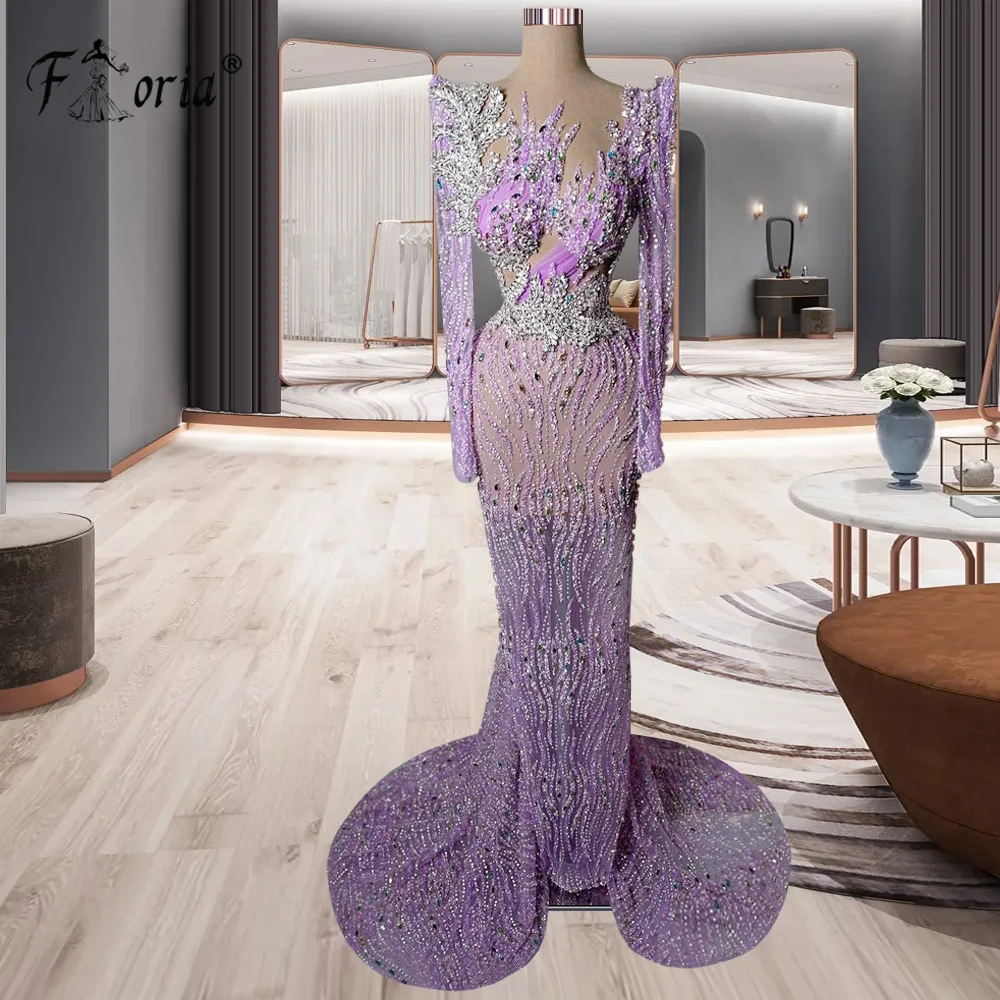 

Gorgeous Dubai Crystal Rhinestone Mermaid Evening Dress Lilac Sequin Appliques Long Sleeves Woman Party Gown 2023 Robe De Mariee