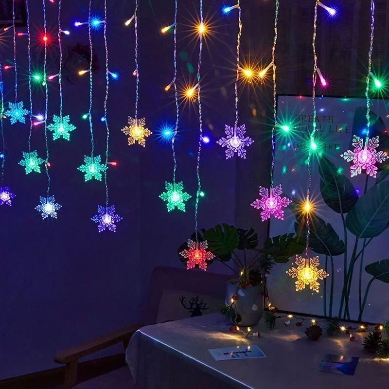 Flocos de neve led cortina luzes da corda, luz da cortina da janela de natal plugue da ue 220v para o quarto pátio natal festa de aniversário do casamento