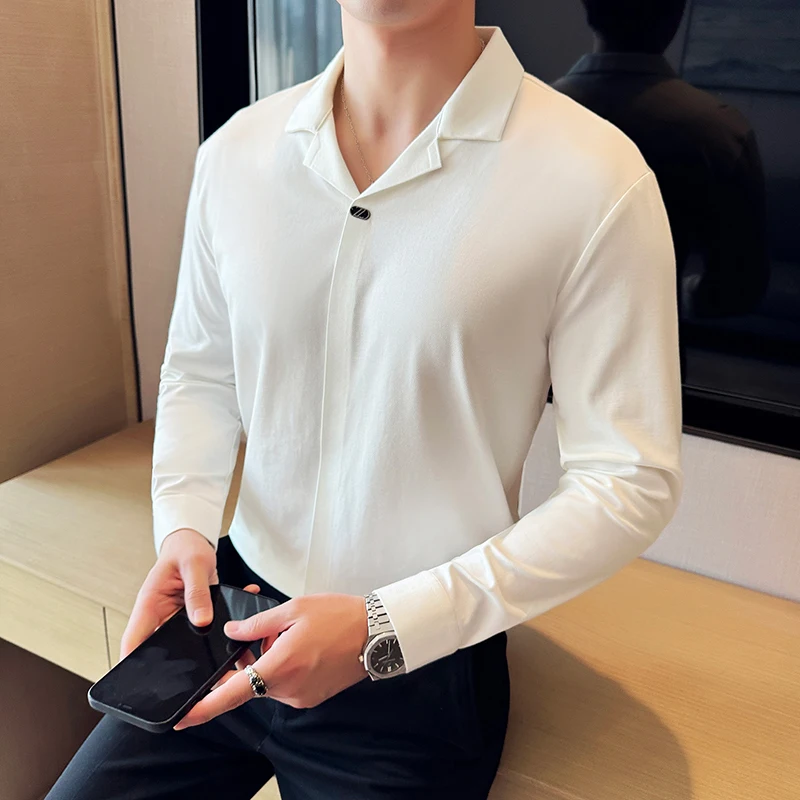 Senior Men Pure Color Suit Collar Long Sleeve Seamless Polo Shirt Fashion New Men Slim Casual Social Business Shirt Dress Blouse