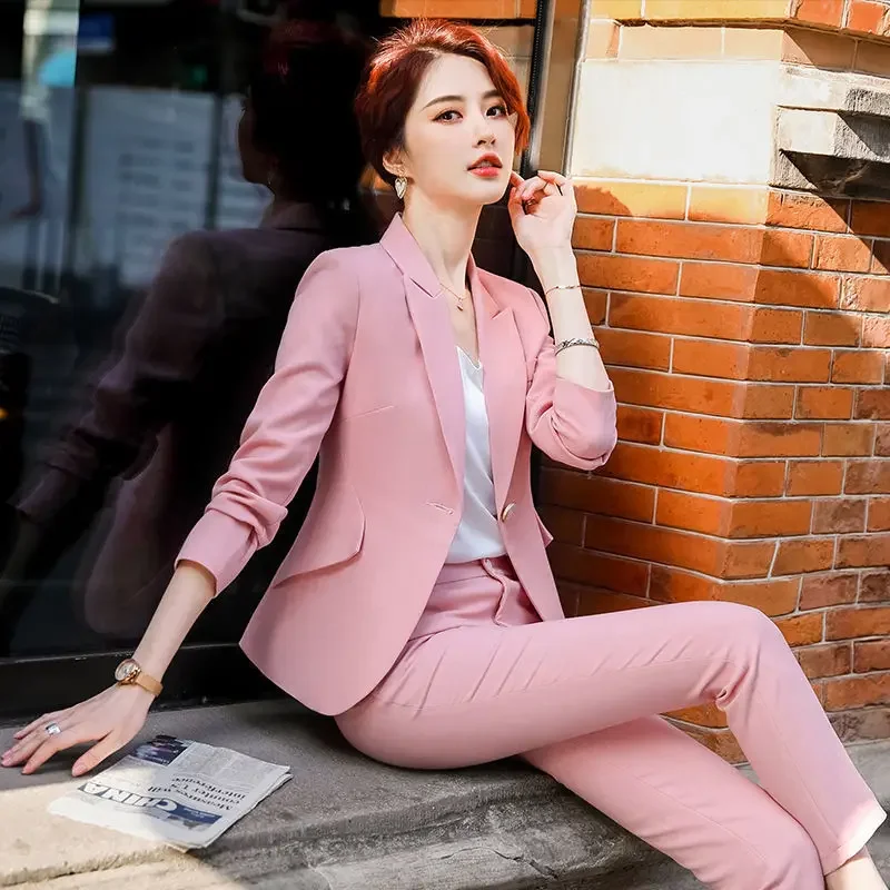 Pink Office Two Piece Set Pants for Women Trouser Suit Womens 2 Pant Sets Green Professional Outfit Blazer and Baggy Promotion D