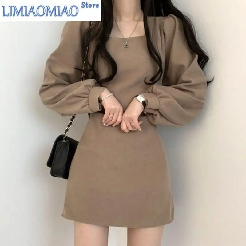 

New Vintage Chic Autumn Temperament Slim Square Neck Puff Sleeve Dress Short Casual Full Wild Korean Fashion Vestido De Mujer