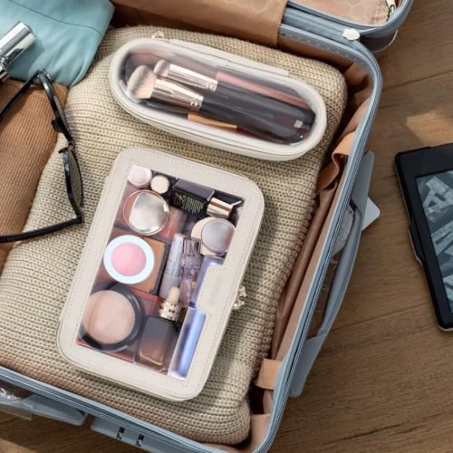 Travel Clear Makeup Bag with Makeup Brush Bag, Leather Makeup Case Toiletry Bag, Portable Cosmetic Bag Case, Transparent Waterp