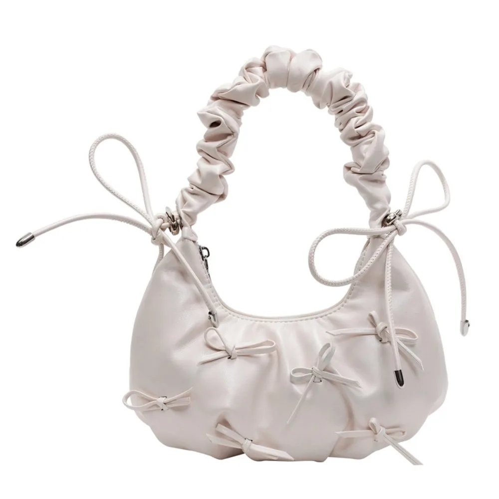 

Solid Color Sweet Pleated Bow Tote Bag Korean Style Bowknot Drawstring Underarm Bag PU Minority Design Handbag Travel
