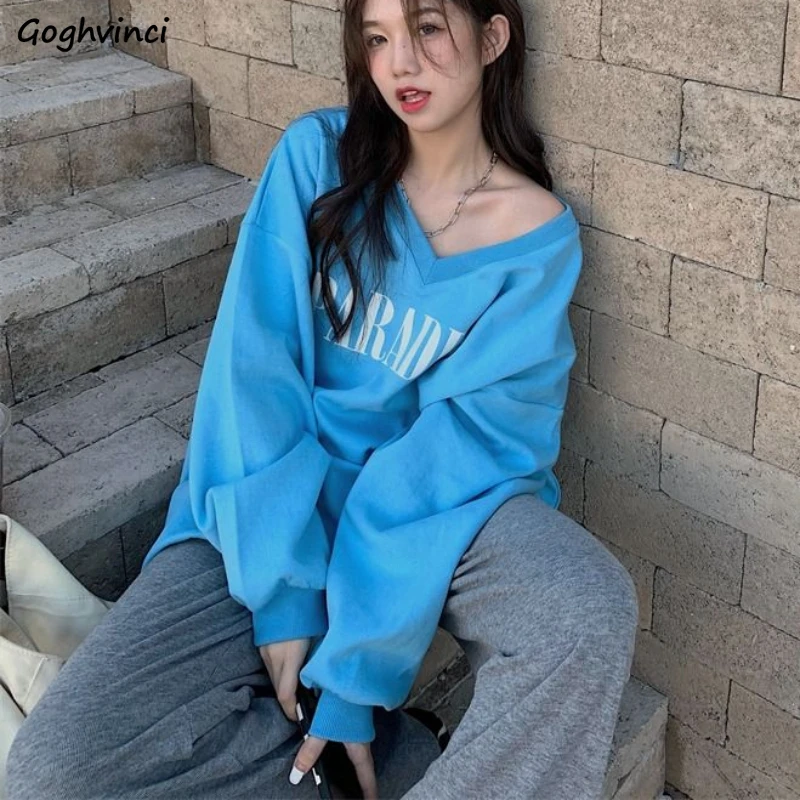

Sweatshirts Women V-neck Chic Letter Printed All-match Loose Fit Casual Streetwear Popular Youth Korean Fashion Ins Lazy Style