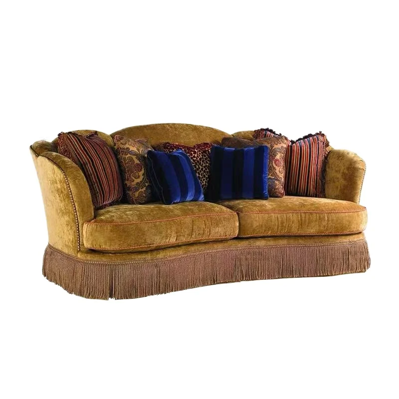 

Retro fabric, small apartment solid wood three-person sofa, French home living room sofa velvet bedroom