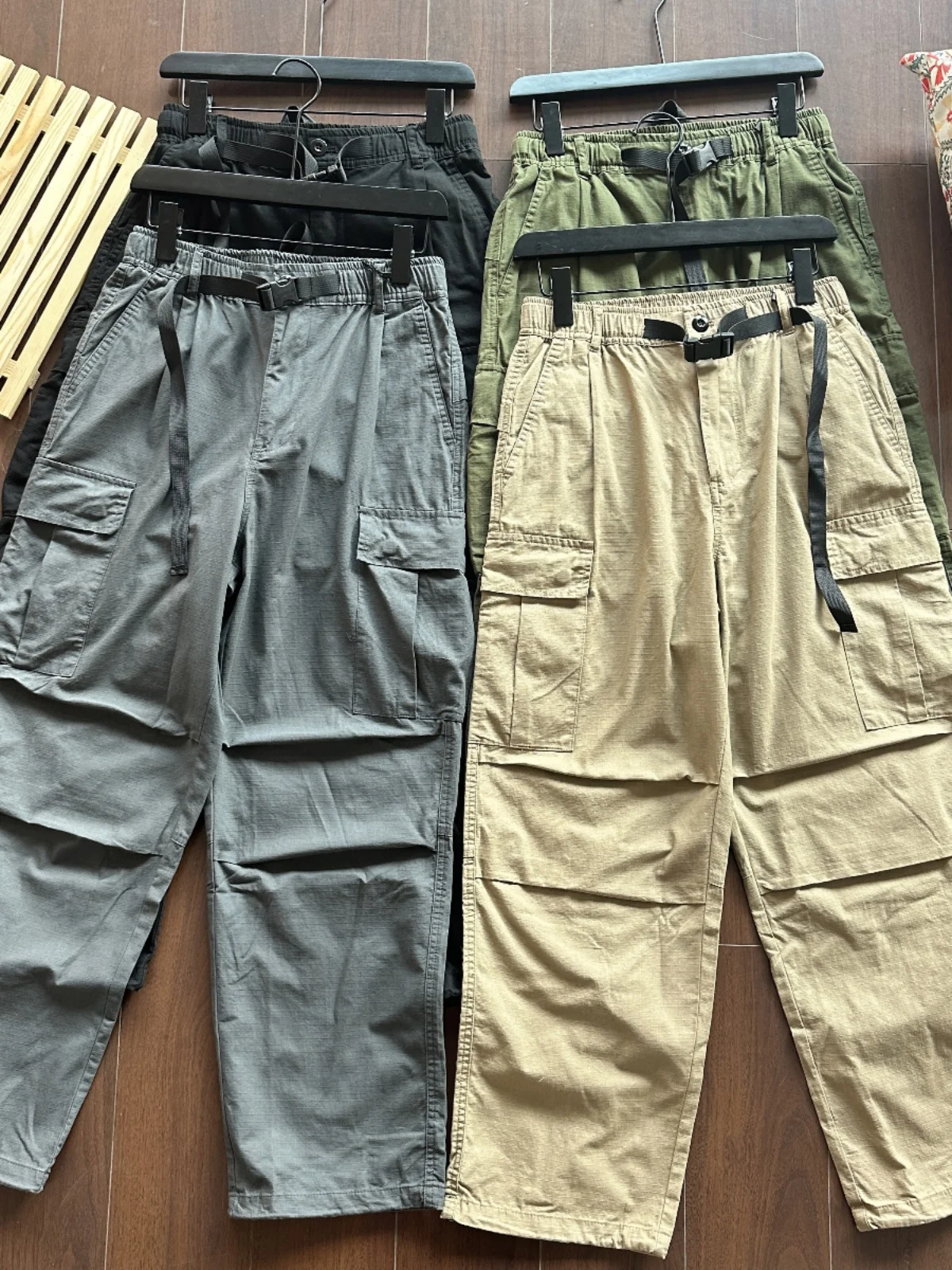 

Mens Casual Cotton Work Trousers Wear Resistant Loose Fit Straight Leg Vintage American Sle Multi kets Elastic Waist