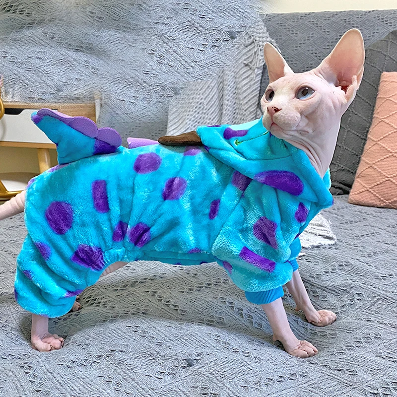 Fleece Dinosaur Hooded Coat for Sphynx Cat thick Sweatshirt for Cat Long Sleeves Warm Clothes for Kittens Outfit in Winter