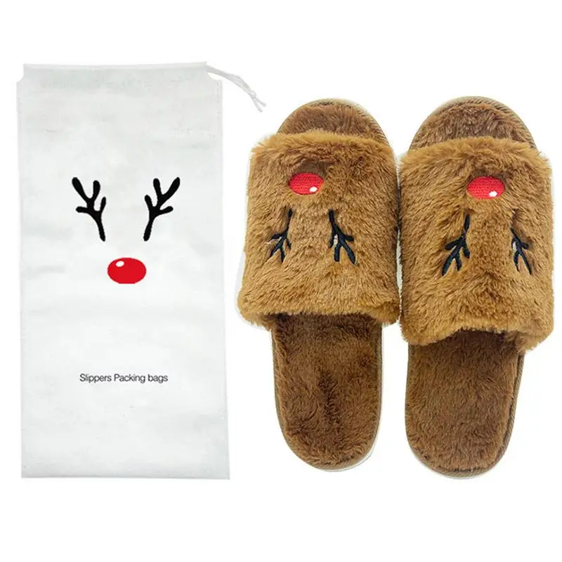 Women Cute Reindeer Slippers Winter Warm Indoor House Shoes Cartoon Christmas Flip-Flop Fuzzy Cozy Home Slipper