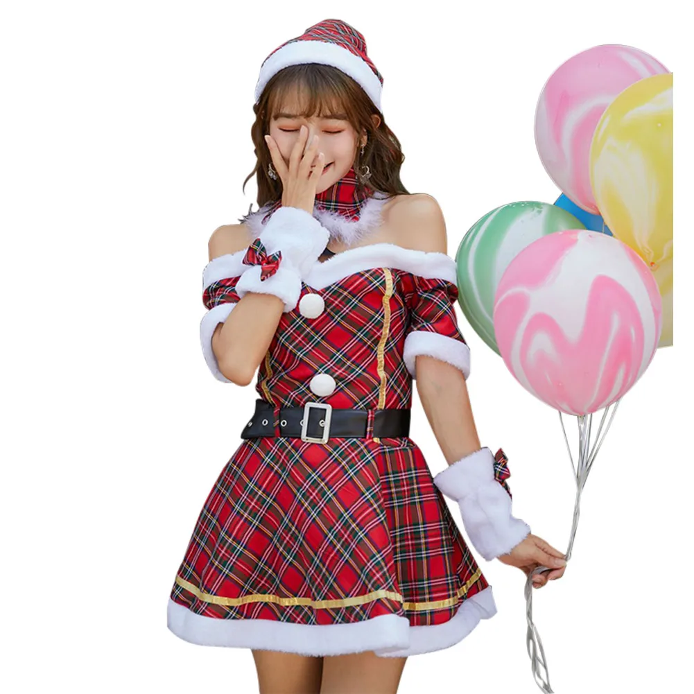 Natal Papai Noel Cosplay Traje para Mulheres, Fantasia Xmas Dress, Lolita Hat, Cinto Roupas, Dia das Bruxas, Fato de Carnaval, Adulto