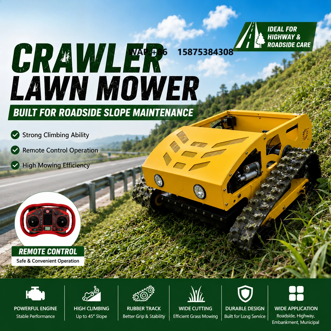 Industrial RC Slope Mower for Highway - 55 Degree Climbing Highway Tracked Lawn Mower and Crawler Weed Trimmer