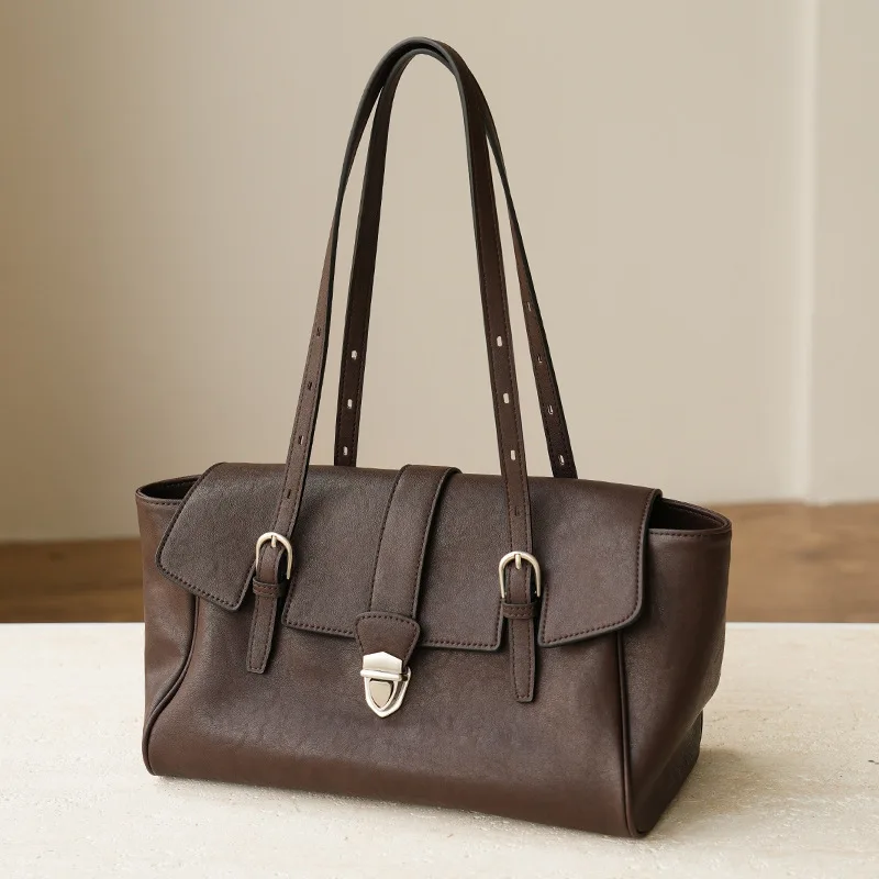 2026 New Niche Cowhide Shoulder Briefcase, Vintage Genuine Leather Luxury Large Capacity Handbag for Women, Office Commute Use