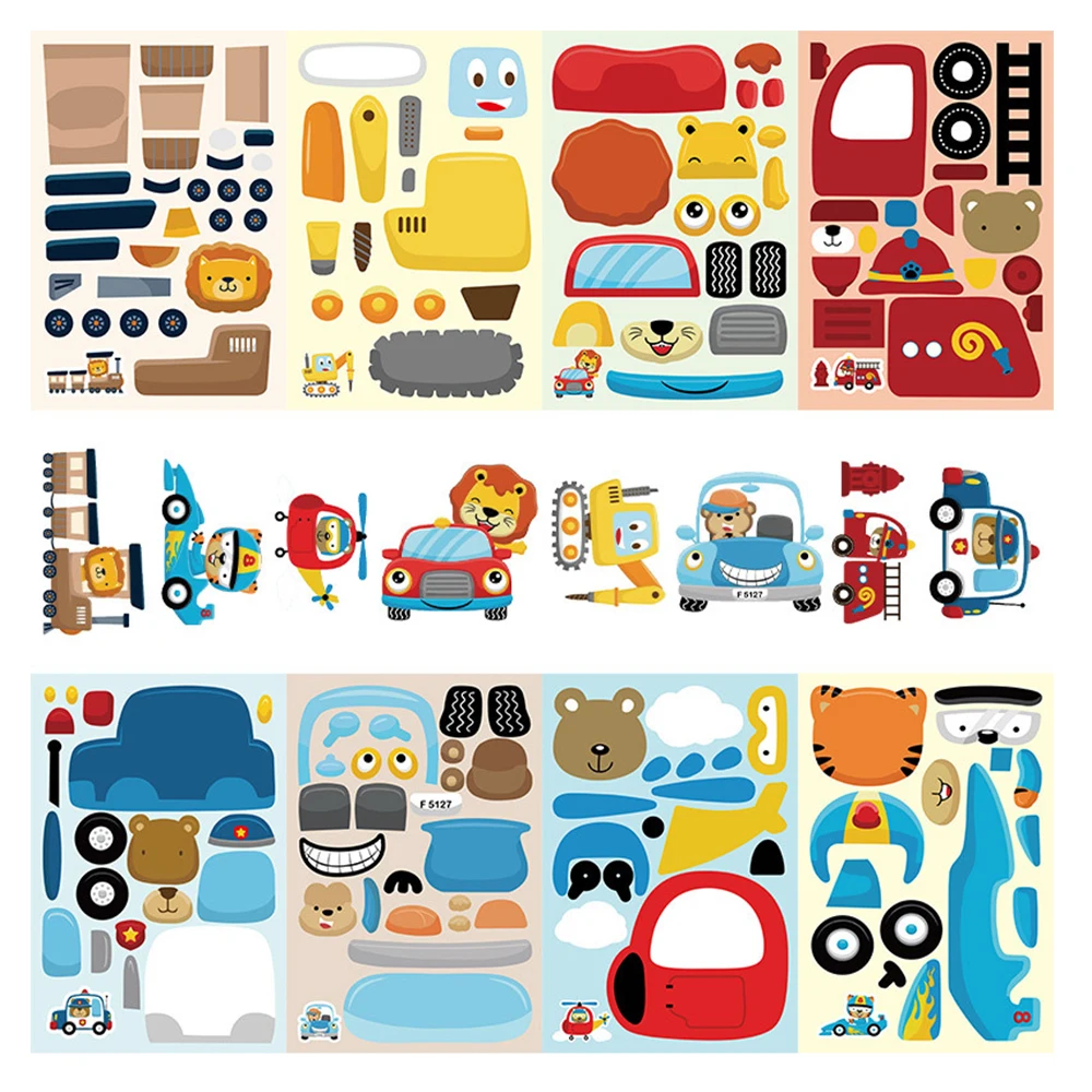 8/16 Blatt Niedliche Tier- und Fahrzeug-Puzzle-Aufkleber Cartoon Auto Zug Gesichter Zusammensetzen DIY Puzzle-Sticker Verpackung