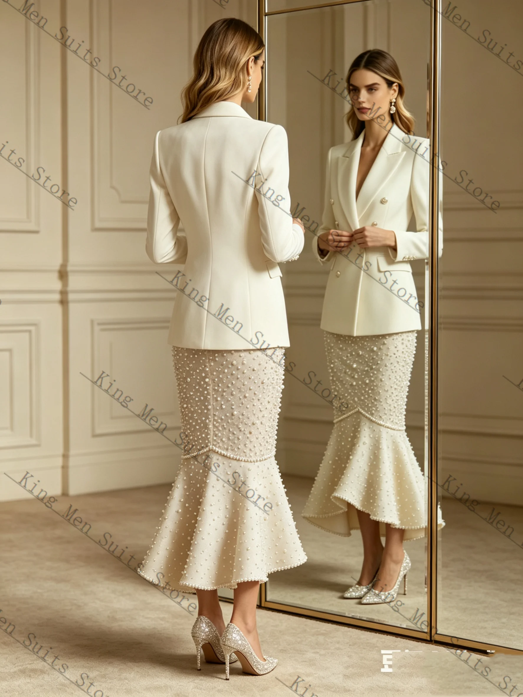 Pearls Spring Women Suit Skirt 2 Pcs Blazer Short Mini Prom Dress Cotton Customized Formal Office Wedding Tuxedos Coat Jacket