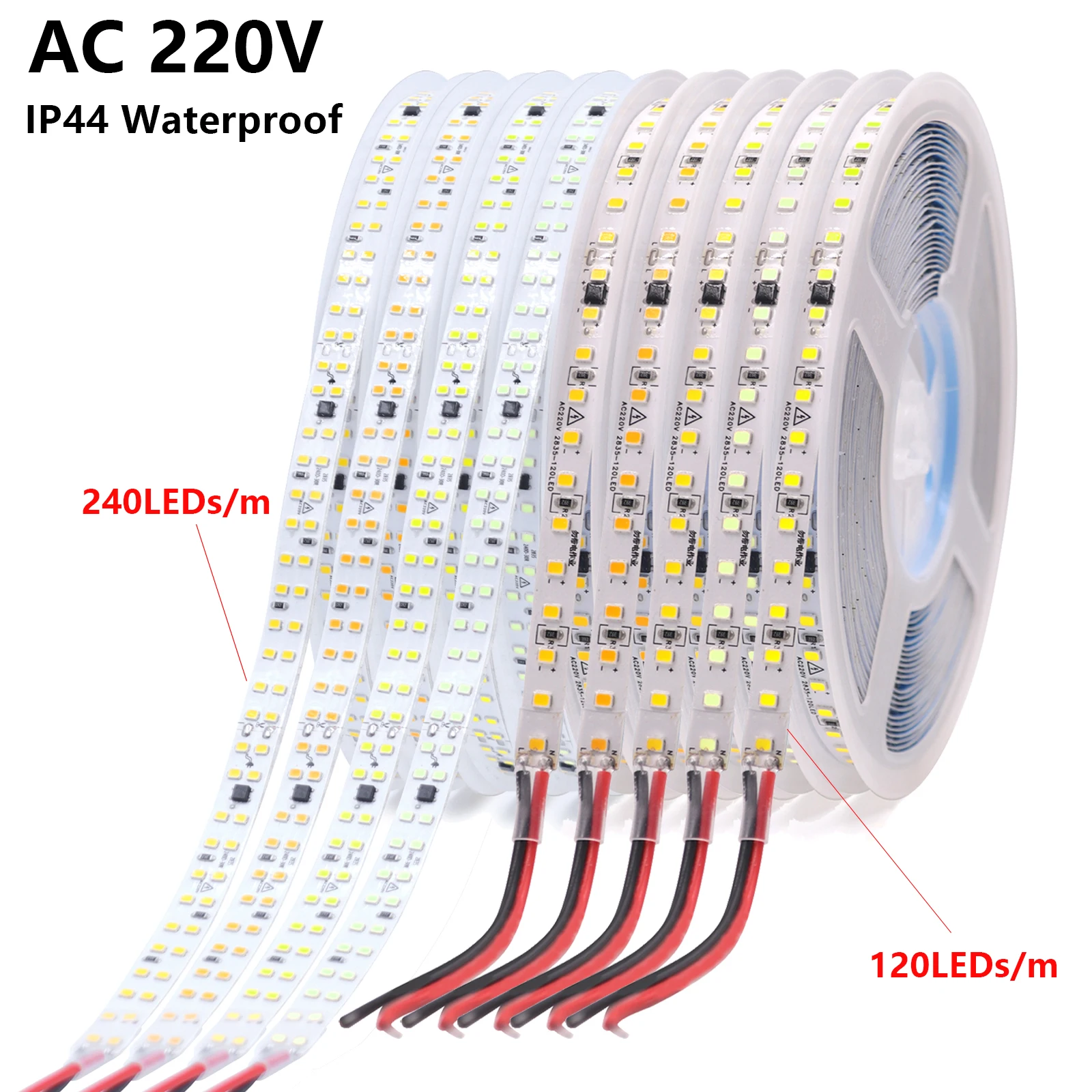 Tira de luces LED resistente al agua, cinta adhesiva de alto brillo SMD 220, 2835 LEDs/M, 120LEDs/M, color blanco, amarillo, azul hielo, 240 V, 10m,