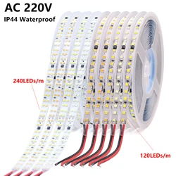 고휘도 방수 LED 스트립 접착 테이프, SMD 2835, 120LEDs/m, 240LEDs/m, 흰색, 노란색, 아이스 블루, 10m, 20m, 220V